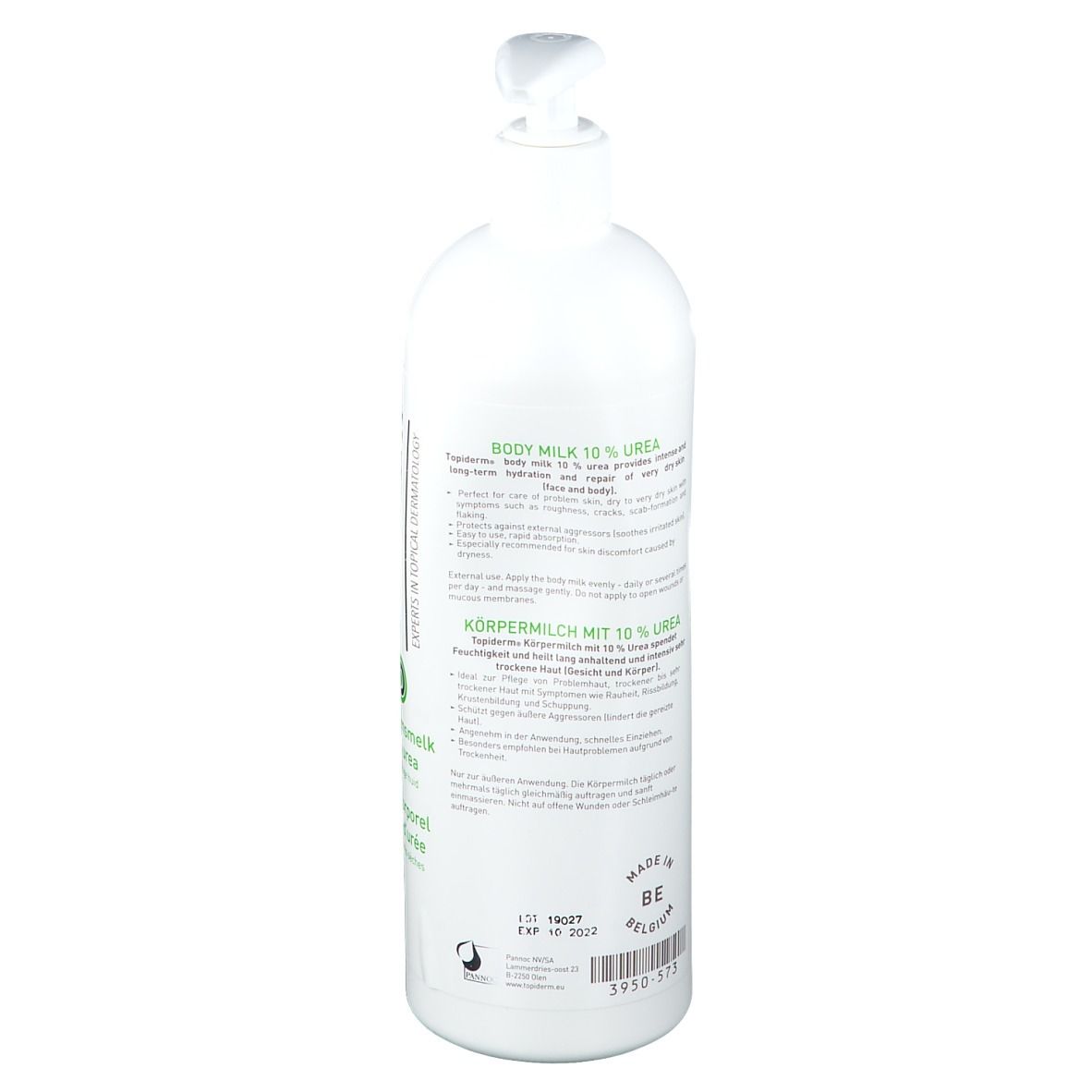 Flacon blanc avec texte. Inscription TOPIderm, 10% urée. Texte en néerlandais et français.