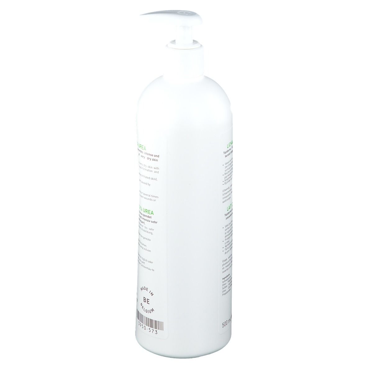 Flacon blanc avec pompe doseuse. Inscription TOPIderm, 10% urée. Texte en néerlandais et français.