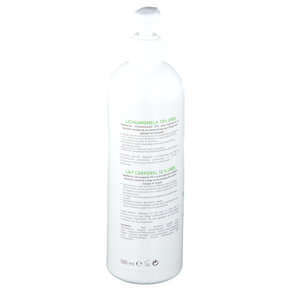 Flacon blanc avec pompe doseuse. Inscription TOPIderm, 10% urée. Texte en néerlandais et français.
