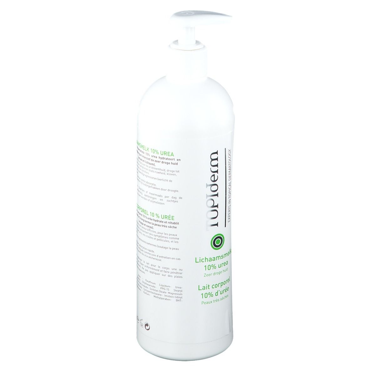 Flacon blanc avec pompe doseuse. Inscription TOPIderm, 10% urée. Texte en néerlandais et français.
