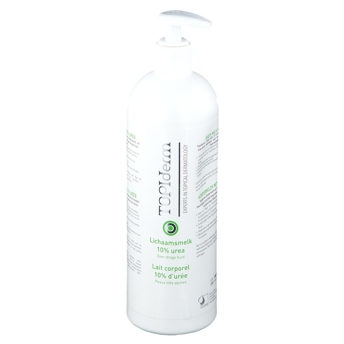 Flacon blanc avec pompe doseuse. Inscription TOPIderm, 10% urée. Texte en néerlandais et français.