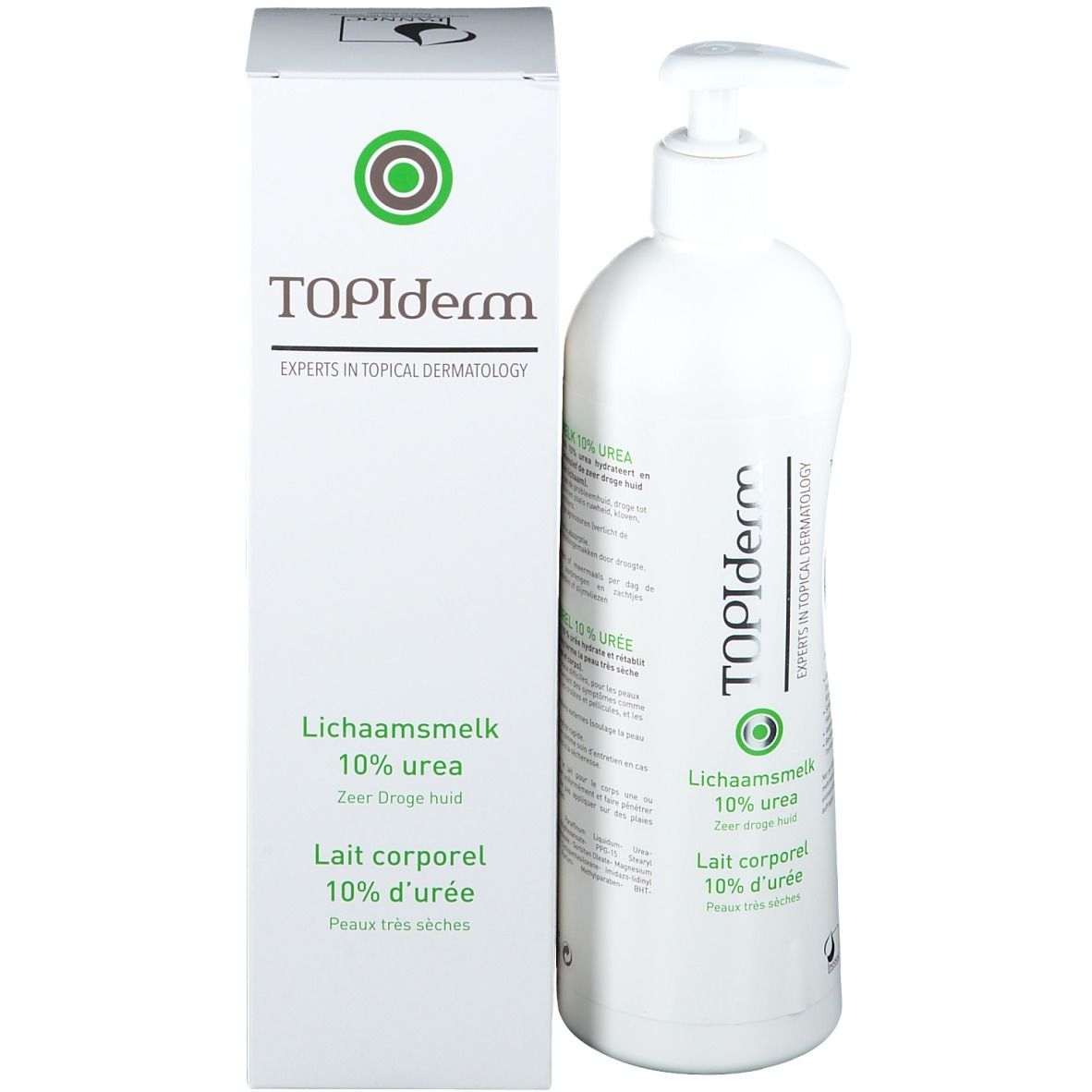 Flacon et emballage du produit. Inscription TOPIderm, 10% urée. Texte en néerlandais et français.