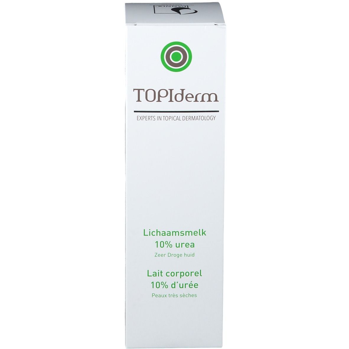 Emballage du produit. Inscription TOPIderm, 10% urée. Texte en néerlandais et français.