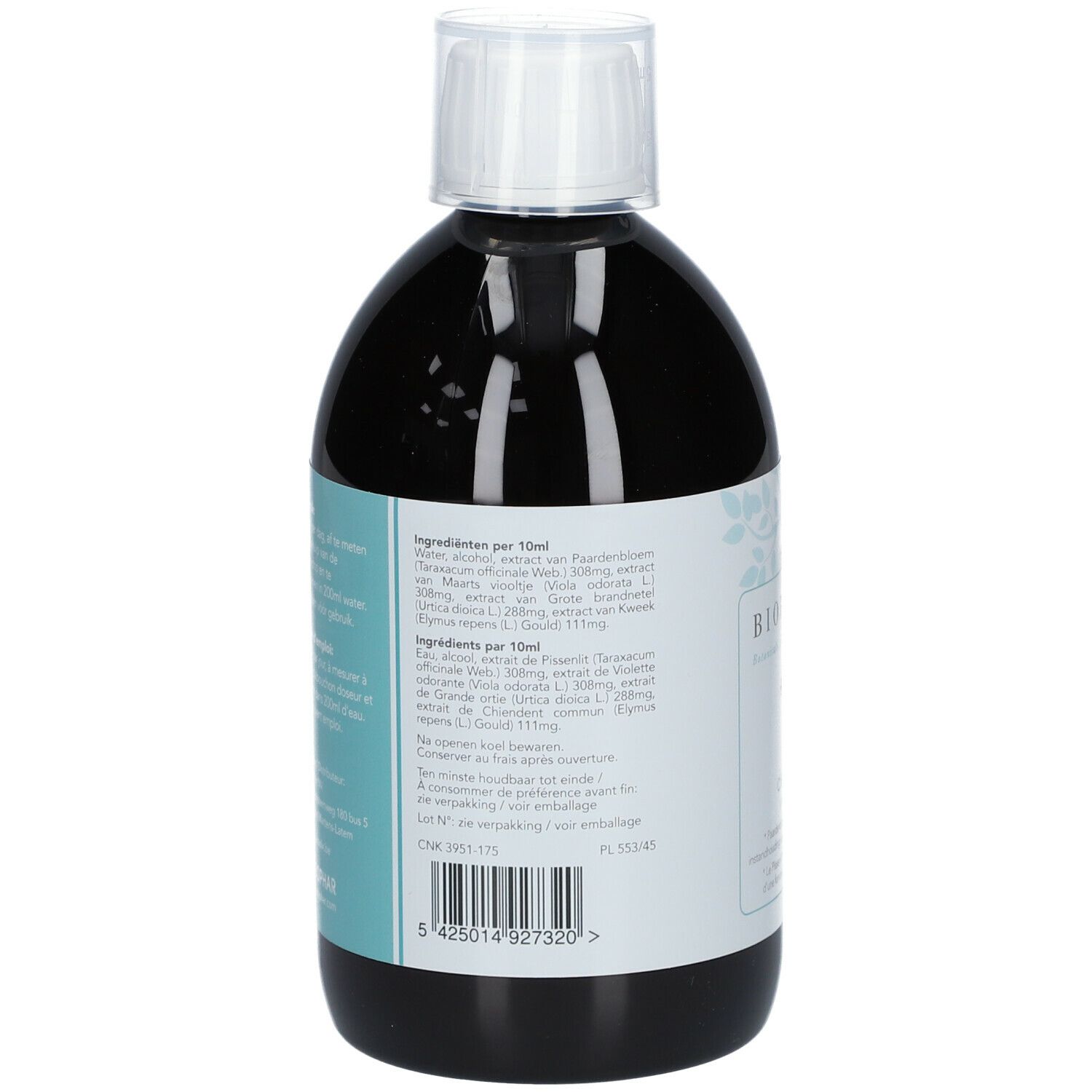 Dos de la bouteille avec informations sur les ingrédients. Texte en plusieurs langues. Nom du produit Bioradix Detox 1.