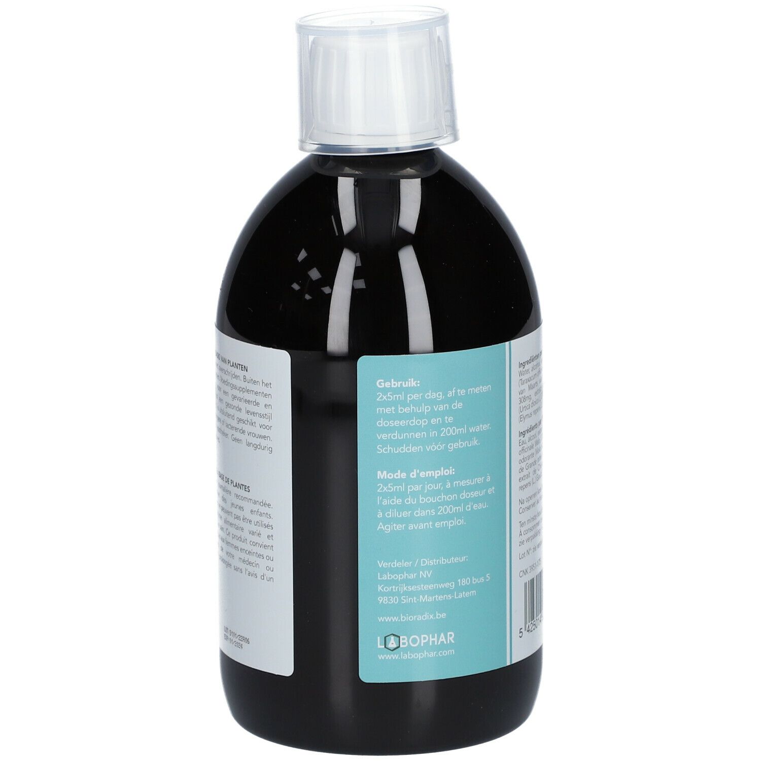 Dos de la bouteille avec mode d'emploi. Texte en plusieurs langues. Nom du produit Bioradix Detox 1.