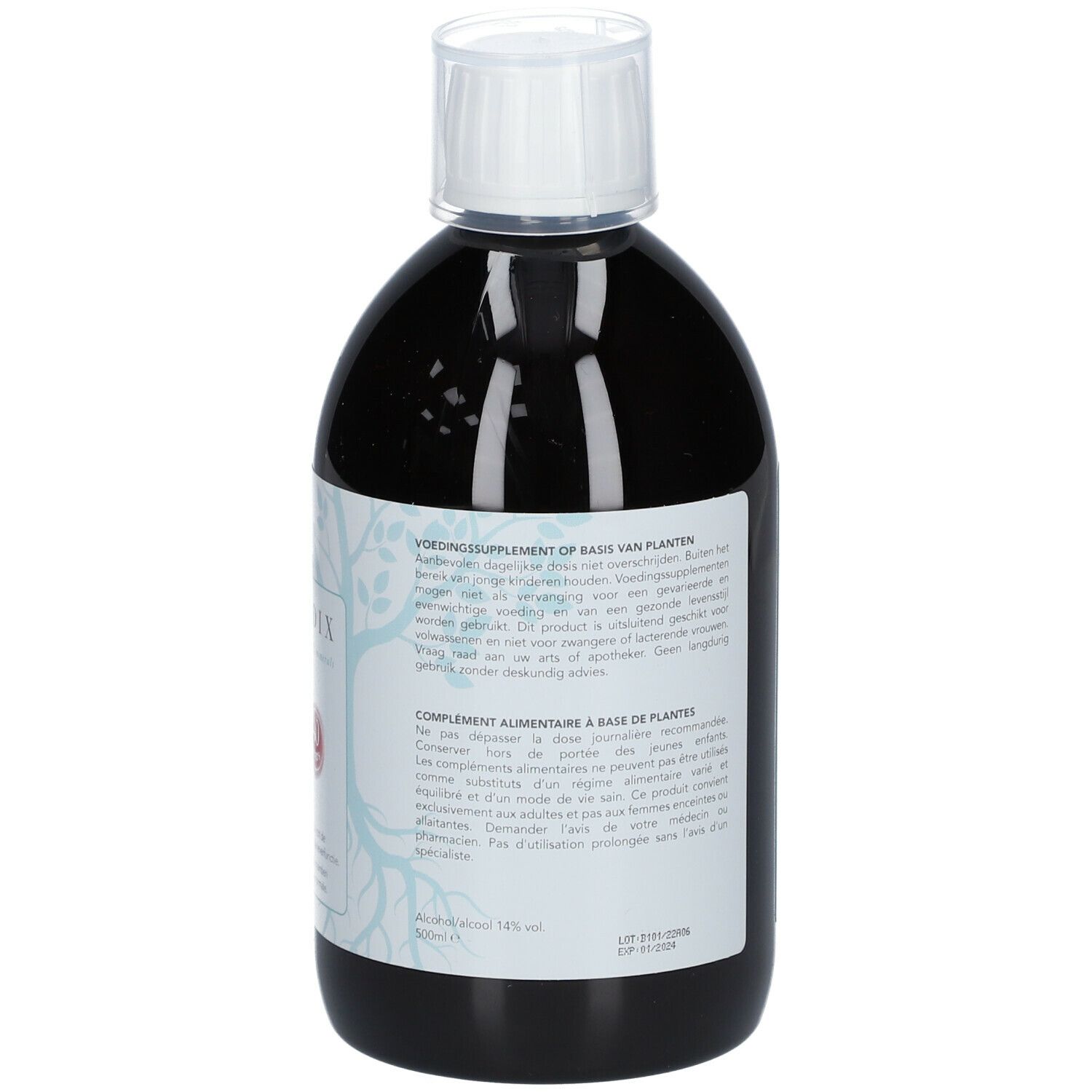Dos de la bouteille avec texte en plusieurs langues. Nom du produit Bioradix Detox 1. Mention complément alimentaire.