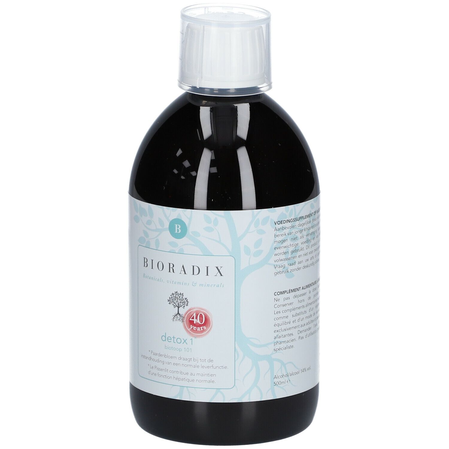 Liquide foncé en bouteille avec bouchon blanc. Étiquette avec nom du produit Bioradix Detox 1 et logo.