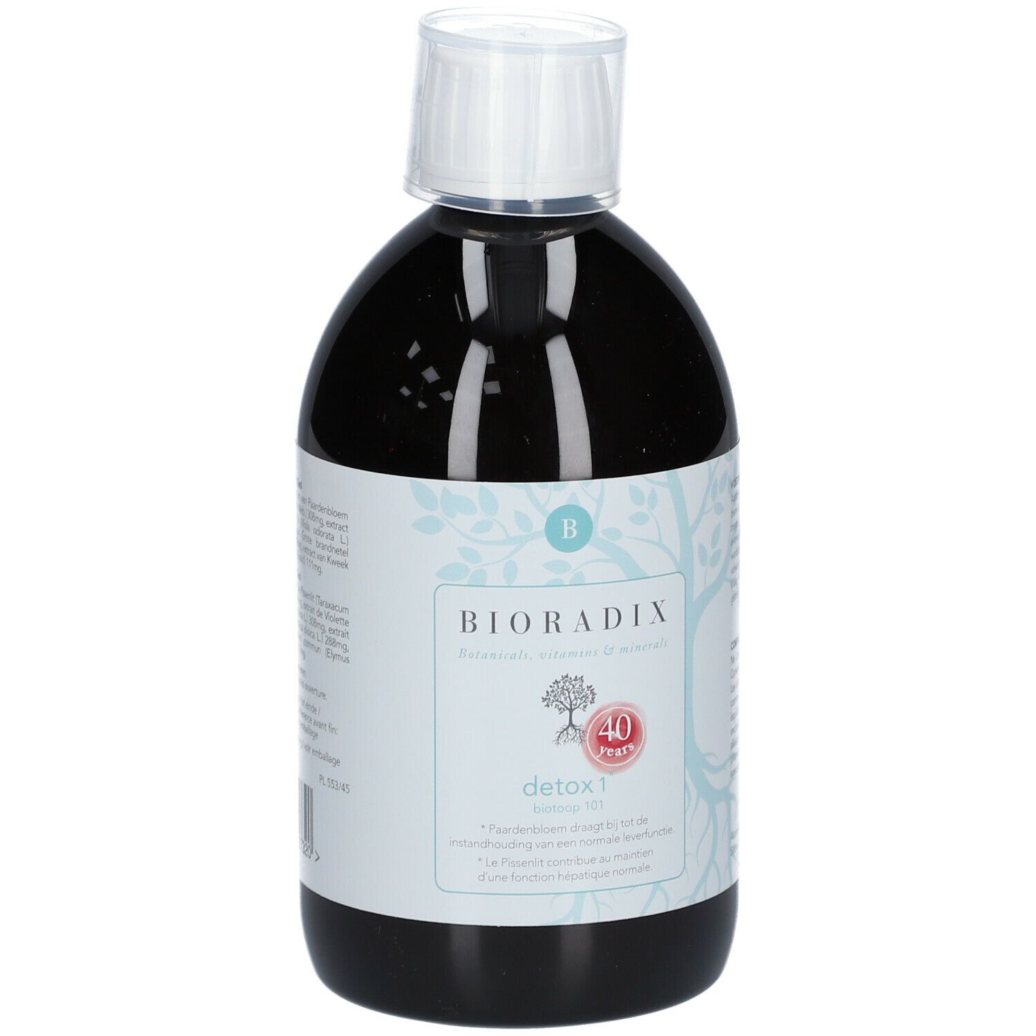 Liquide foncé en bouteille avec bouchon blanc. Étiquette avec nom du produit Bioradix Detox 1 et logo.
