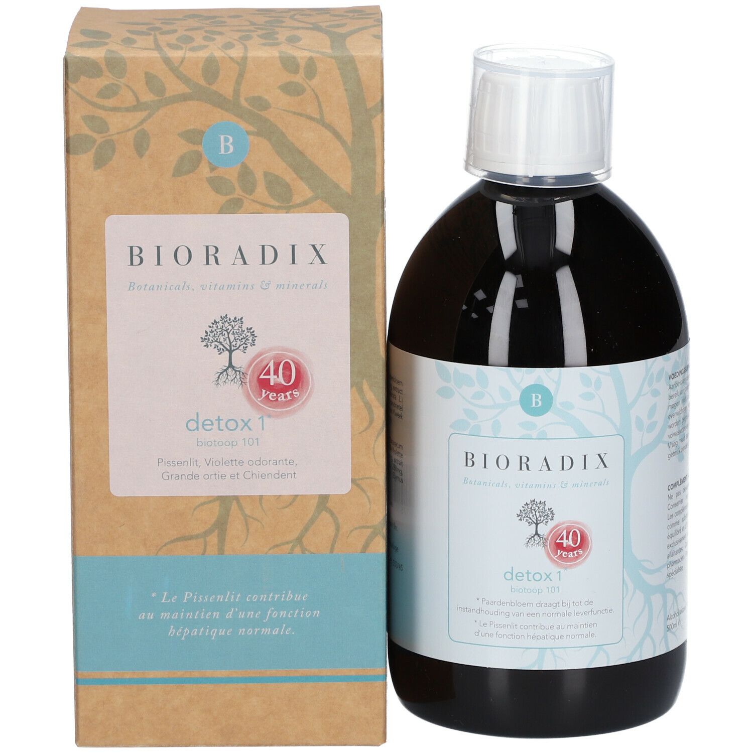 Bouteille Bioradix Detox 1 à côté de l'emballage. Emballage avec nom du produit et logo. Bouteille avec bouchon blanc.