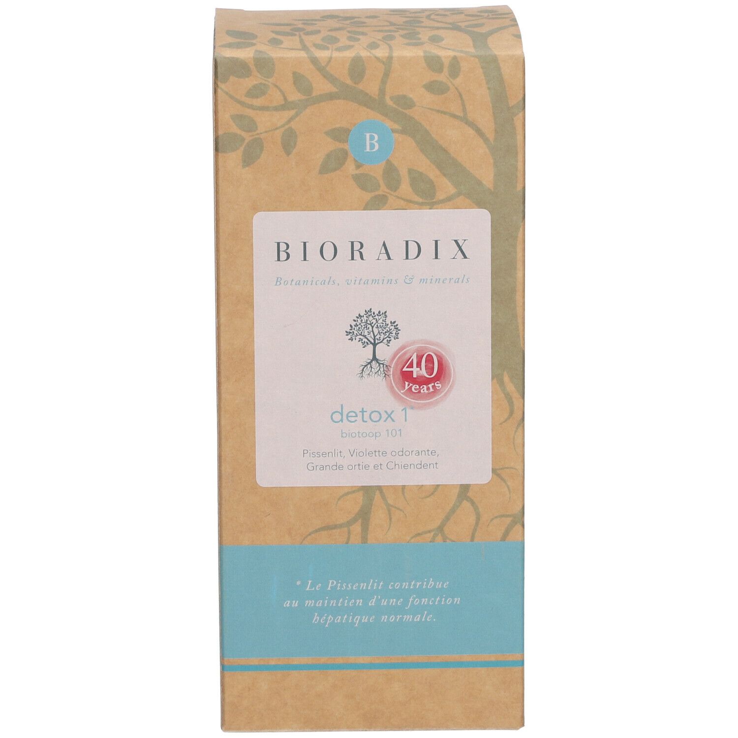 Emballage de Bioradix Detox 1. Nom du produit et logo sur fond marron. Texte en plusieurs langues.