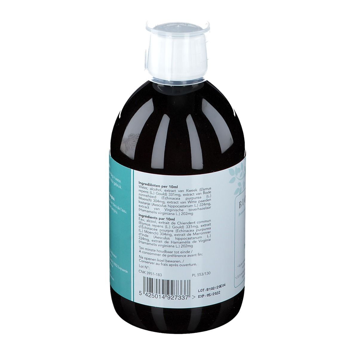 Dos de la bouteille avec texte. Contient des informations sur les ingrédients pour 10 ml.