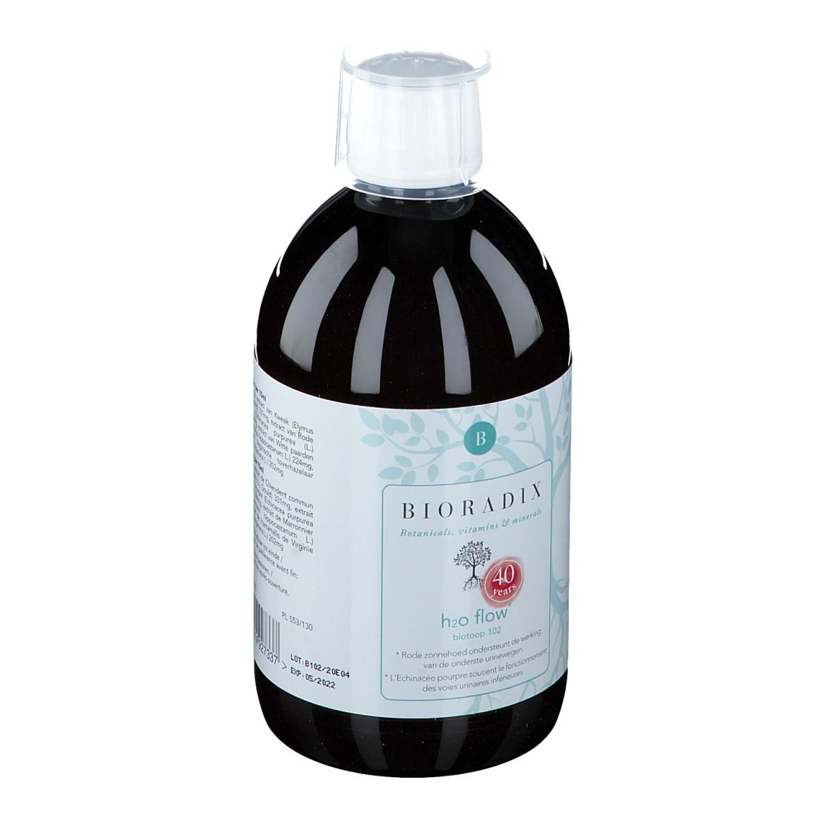Liquide brun dans une bouteille avec bouchon blanc. Étiquette avec nom du produit et logo.