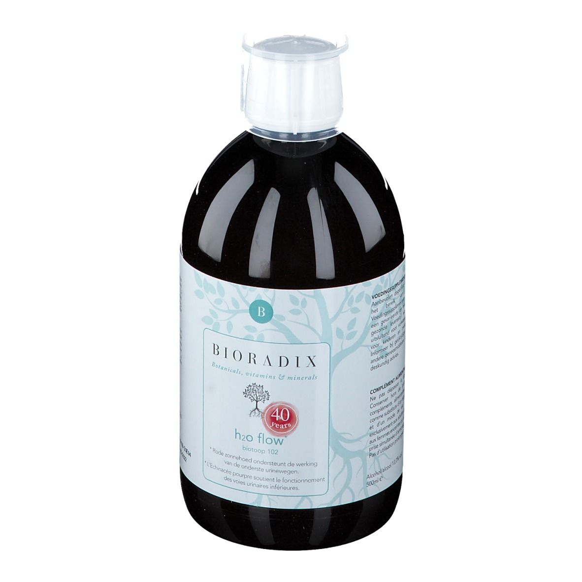 Liquide brun dans une bouteille avec bouchon blanc. Étiquette avec nom du produit et logo.