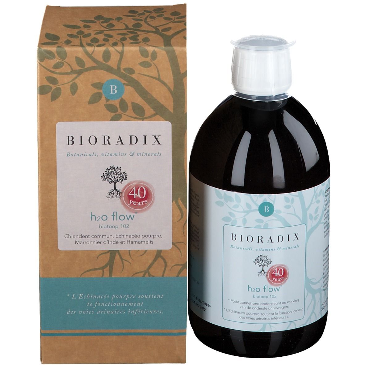 Bouteille de liquide brun et emballage. Étiquette avec nom du produit et logo.