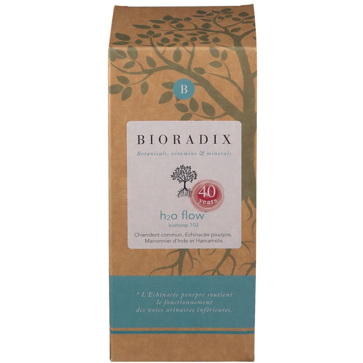 Emballage avec nom du produit et logo. Emballage marron avec informations sur le produit.