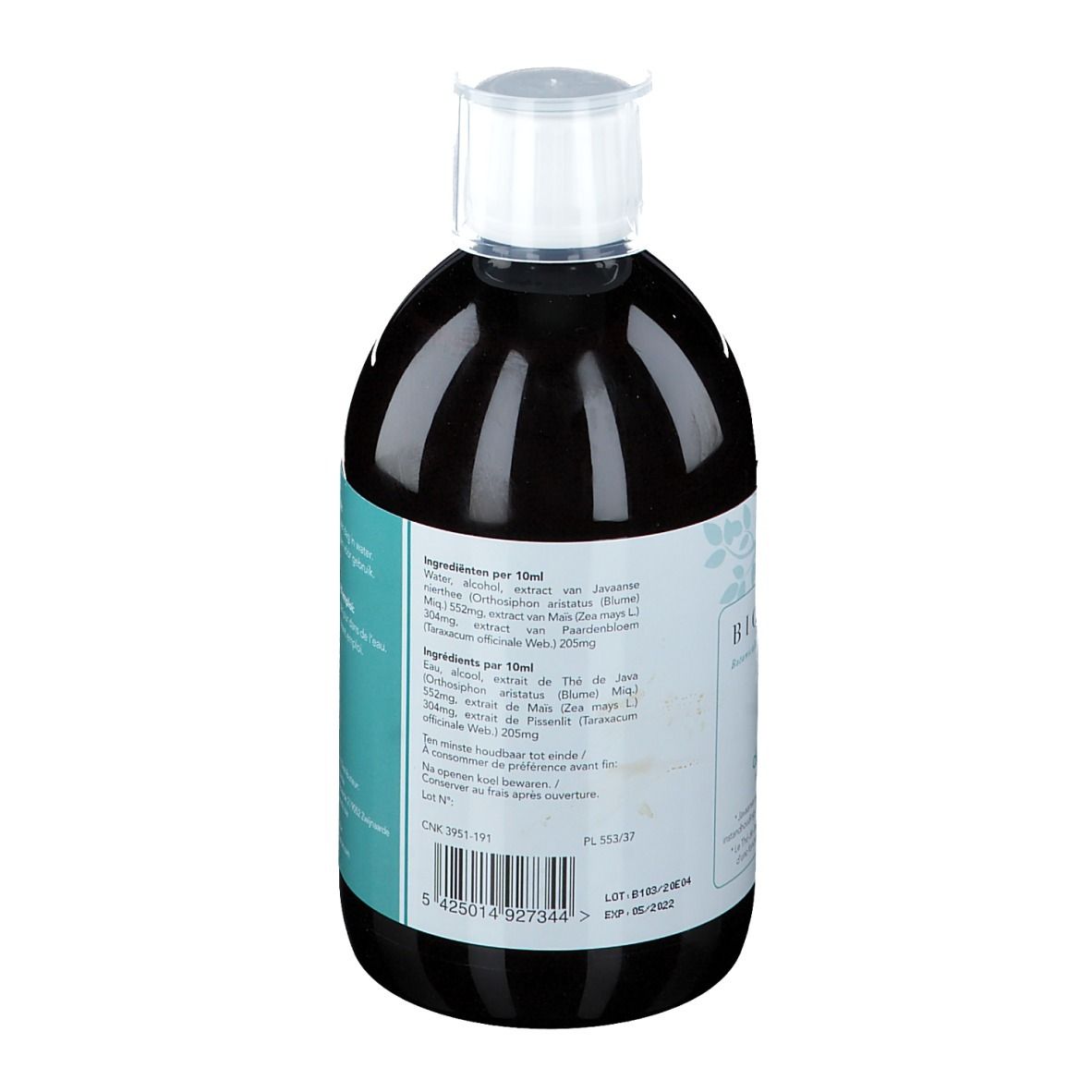 Achteraanzicht van een fles met bruine vloeistof. Etiket met ingrediënten.