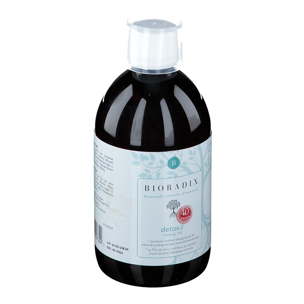 Fles met bruine vloeistof, witte dop en etiket met productnaam en logo.