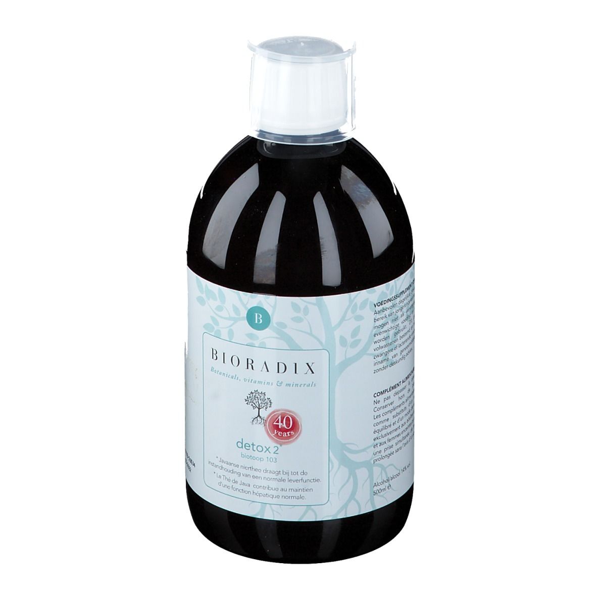 Fles met bruine vloeistof, witte dop en etiket met productnaam en logo.