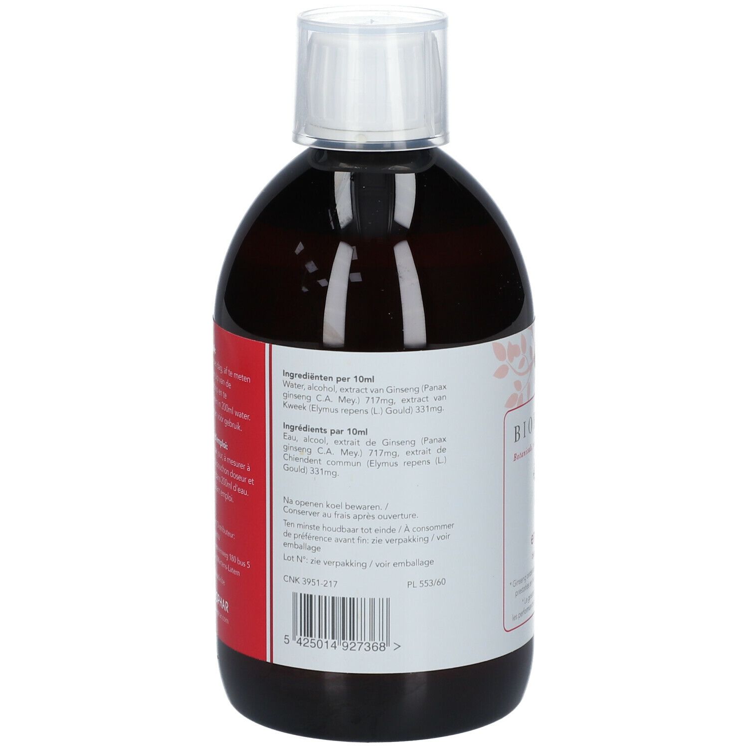 Dos de la bouteille. Étiquette avec ingrédients pour 10ml. Contient ginseng, vitamine C, et autres. Informations fabricant.