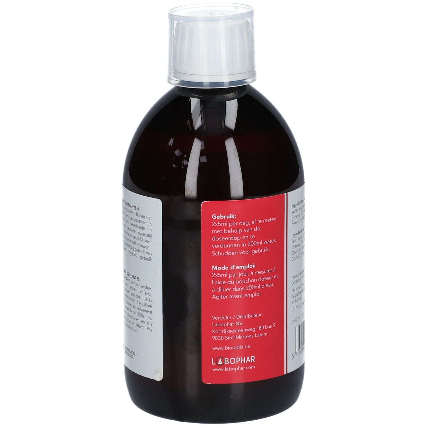 Dos de la bouteille. Étiquette avec mode d'emploi: 2x5ml par jour, diluer dans l'eau. Informations fabricant et numéro de lot.