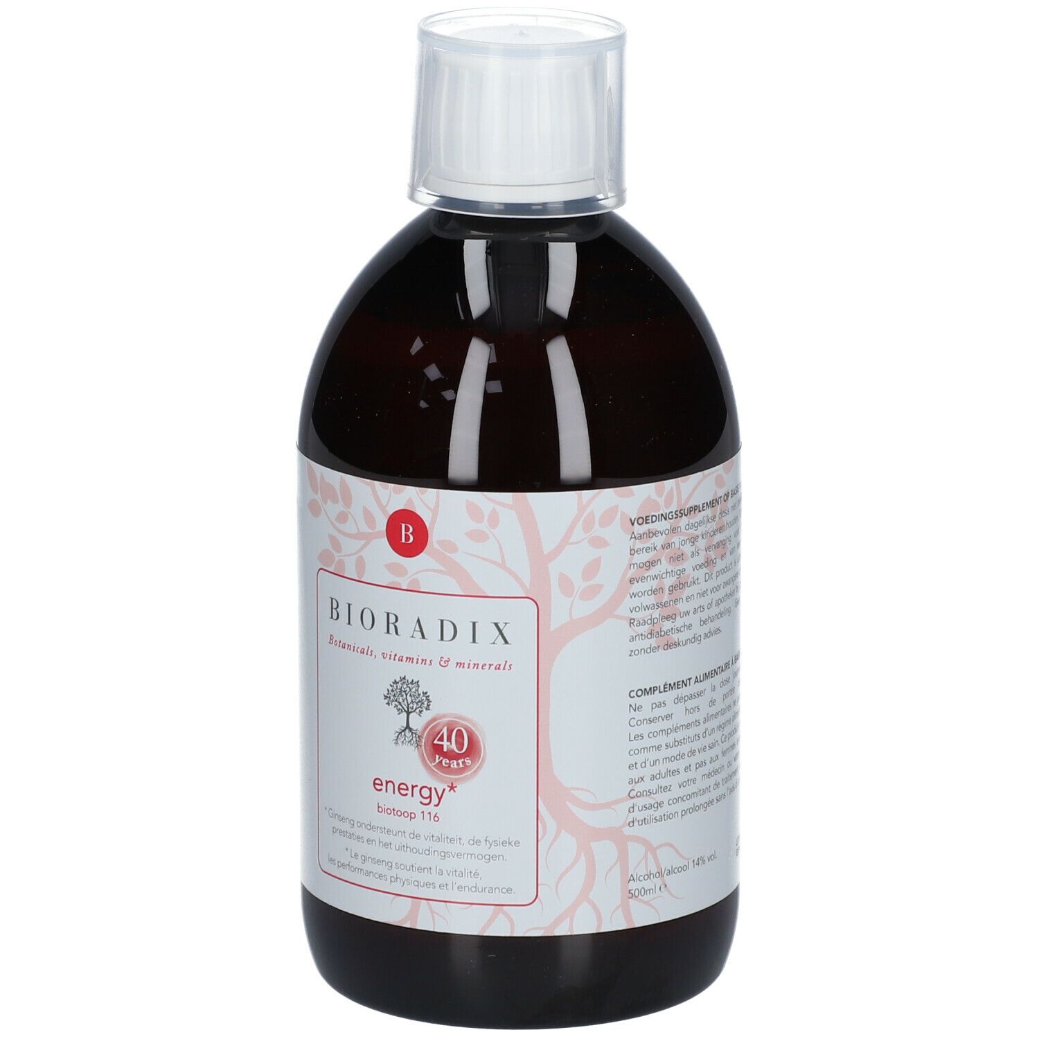 Bouteille marron avec bouchon blanc. Étiquette BIORADIX, energy, et informations. 40 ans. Botanicals, vitamines et minéraux.