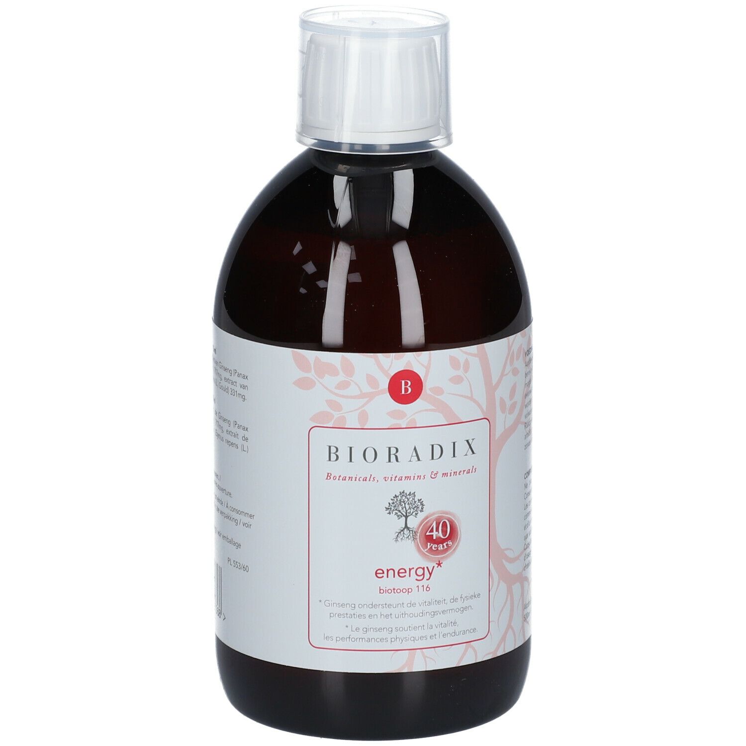 Bouteille marron avec bouchon blanc. Étiquette BIORADIX, energy, et informations. 40 ans. Botanicals, vitamines et minéraux.