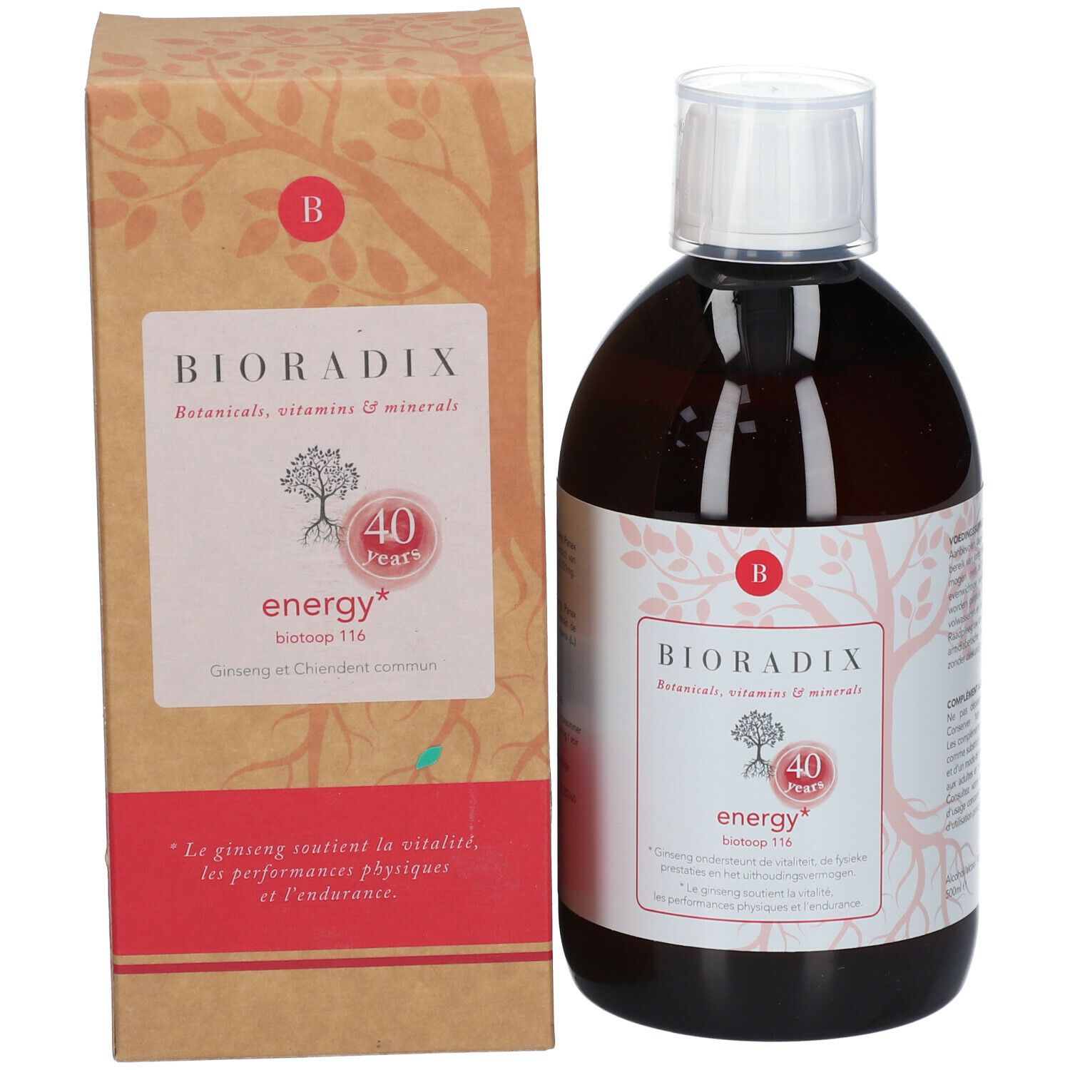 Bouteille et boîte. Boîte avec BIORADIX, energy, et informations. 40 ans. Botanicals, vitamines et minéraux.