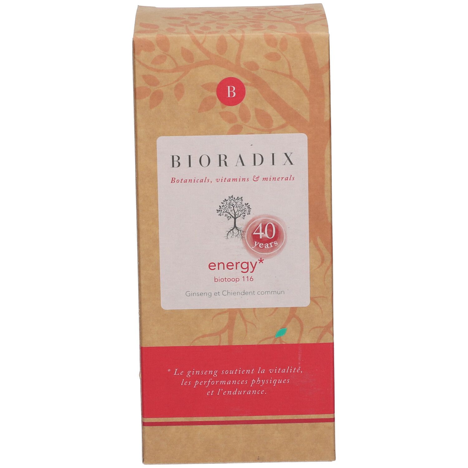 Boîte avec BIORADIX, energy, et informations. 40 ans. Botanicals, vitamines et minéraux. Couleur marron.