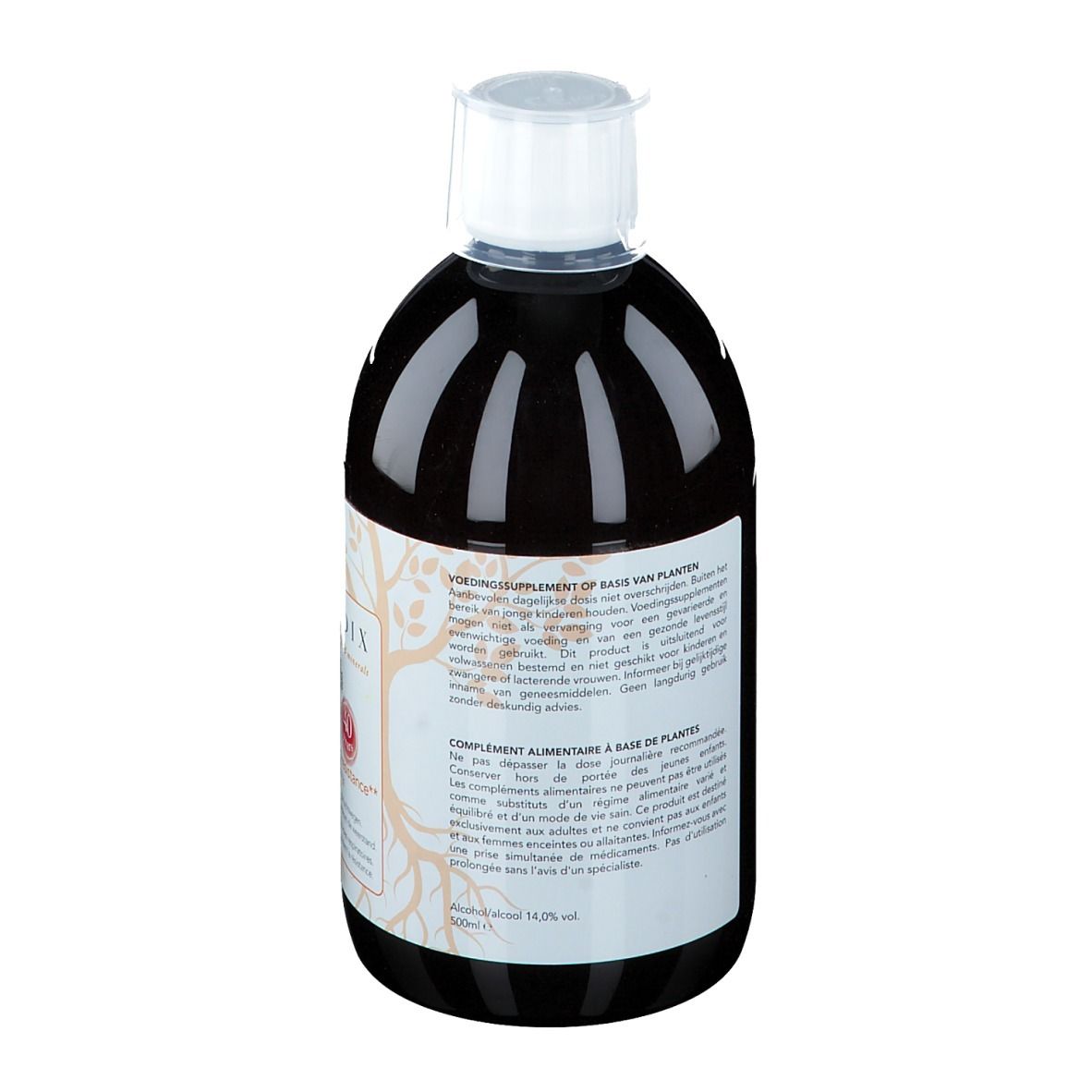 Dos d'une bouteille de liquide brun. Étiquette avec texte en plusieurs langues, dont le néerlandais et le français.