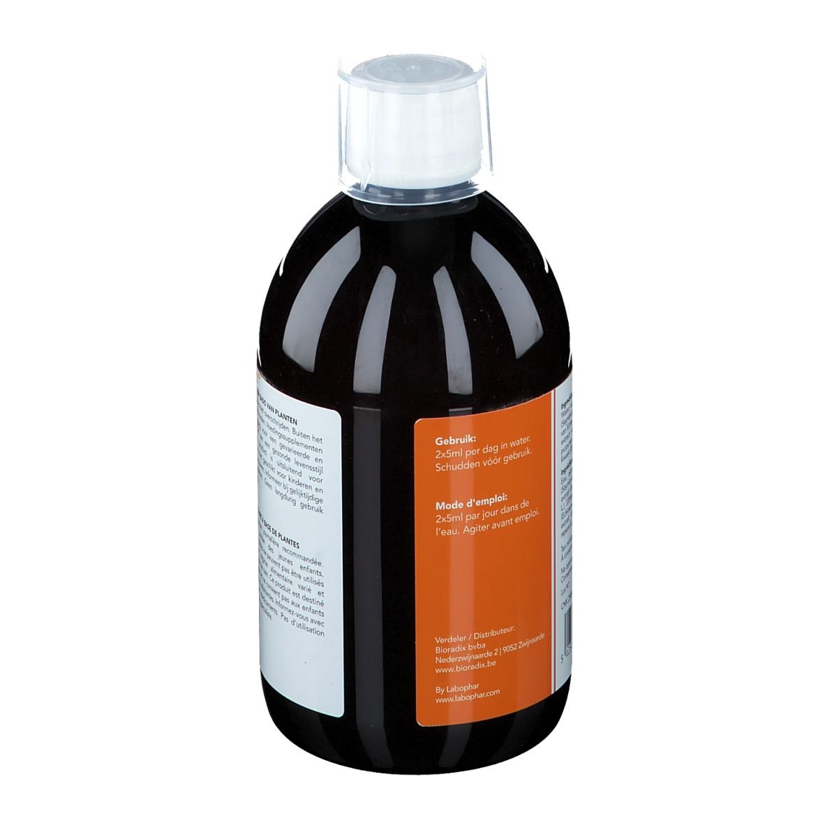 Dos d'une bouteille de liquide brun. Étiquette avec texte, dont recommandation de dosage en allemand et français.