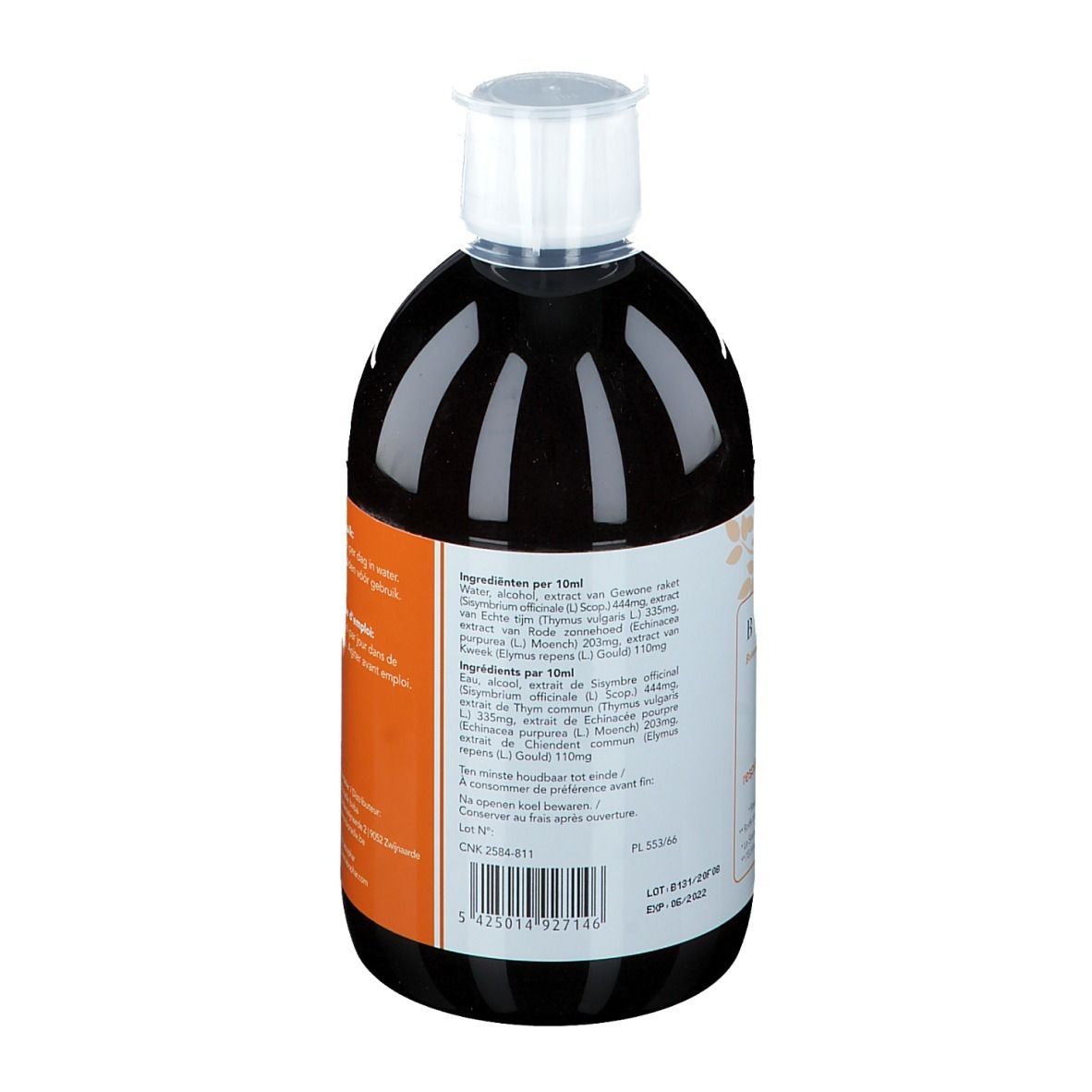 Dos d'une bouteille de liquide brun. Étiquette avec ingrédients, notamment en allemand et en français.