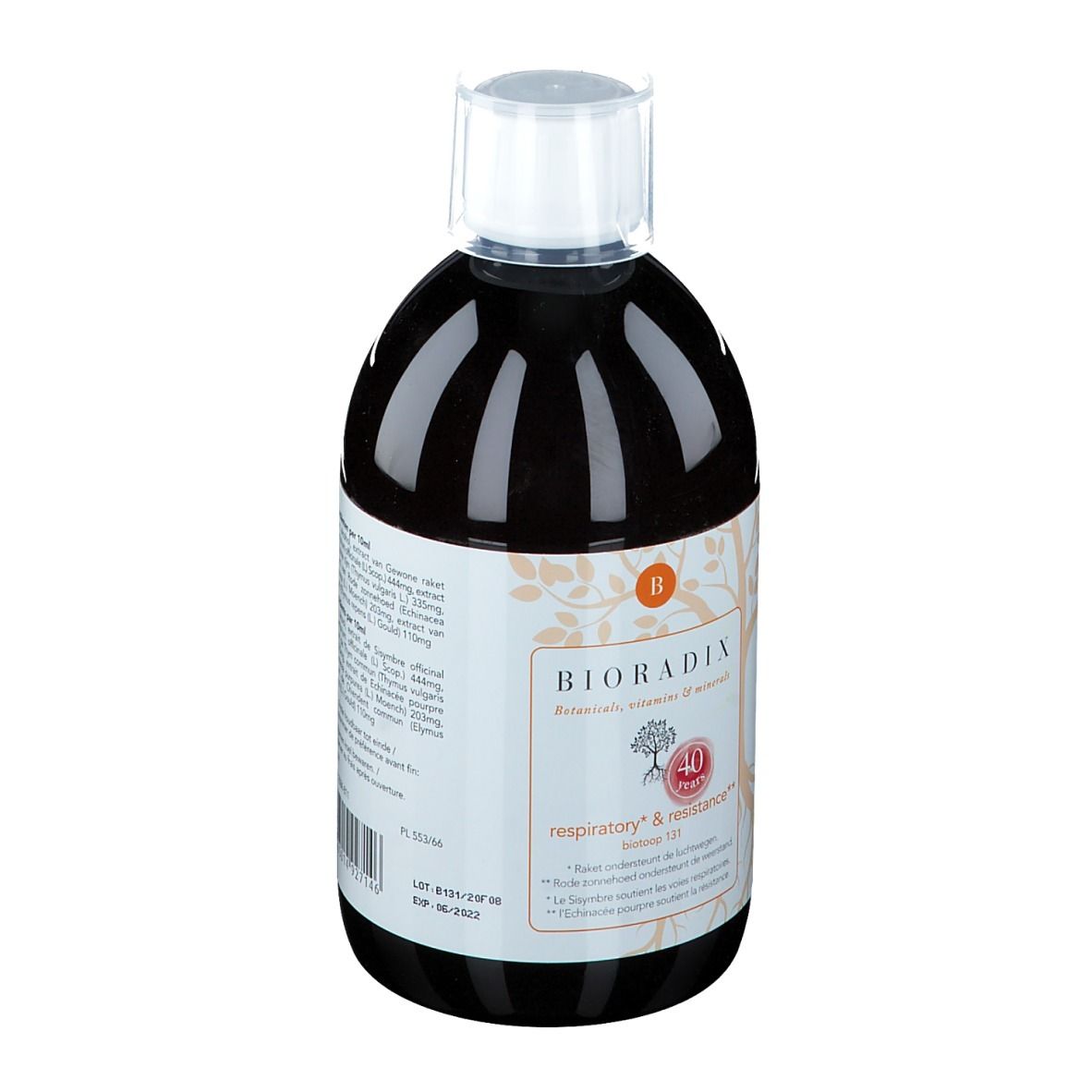 Bouteille de liquide brun, bouchon blanc et étiquette. Sur l'étiquette: nom du produit, graphique d'arbre et "40 years".
