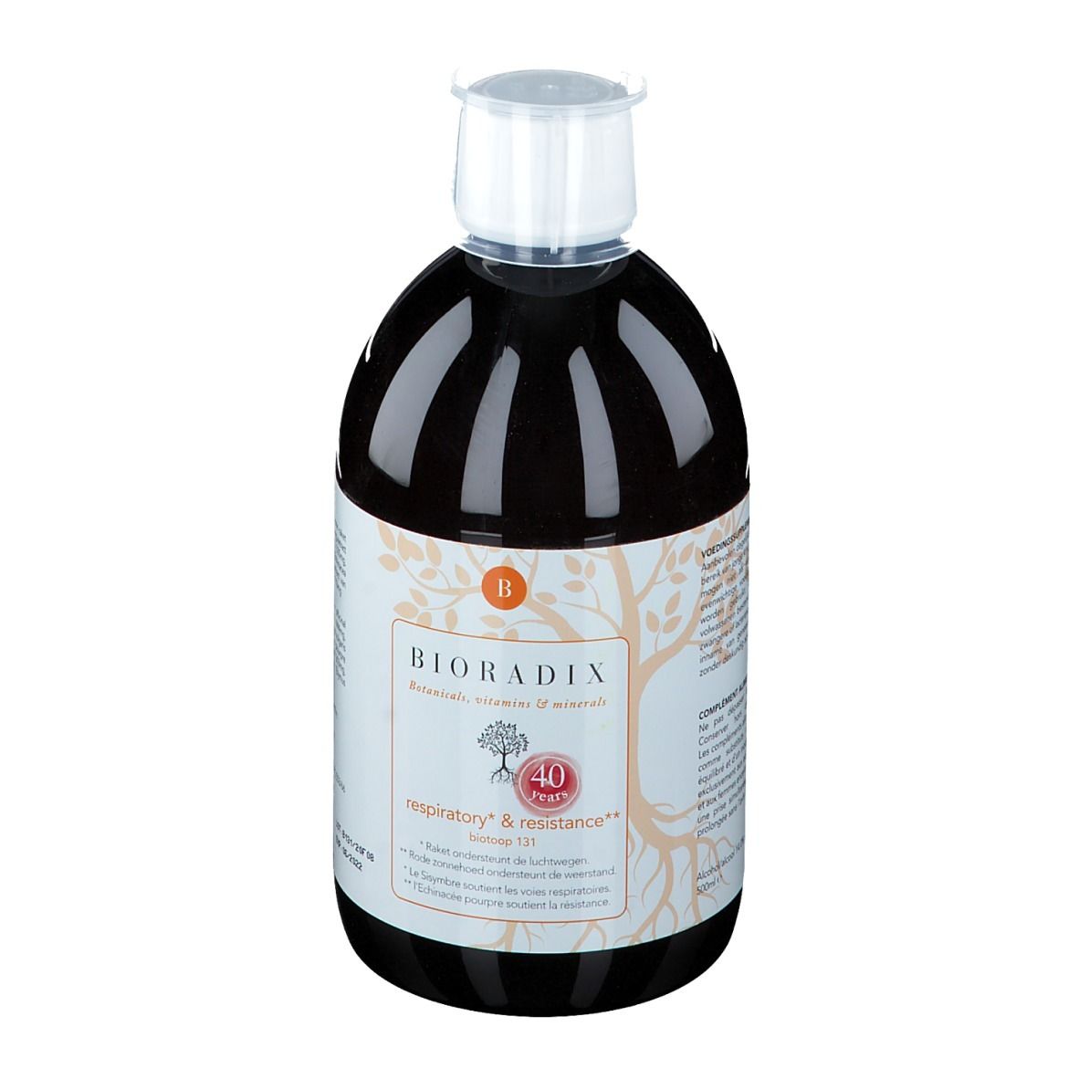 Bouteille de liquide brun, bouchon blanc et étiquette. Sur l'étiquette: nom du produit, graphique d'arbre et "40 years".