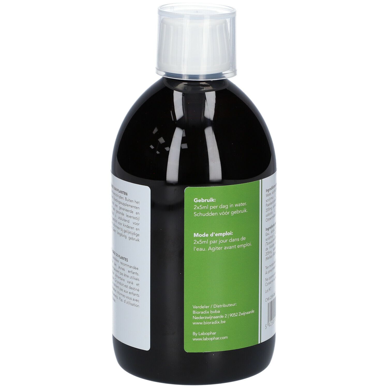 Dos d'une bouteille de liquide brun. Étiquette avec mode d'emploi et autres informations.