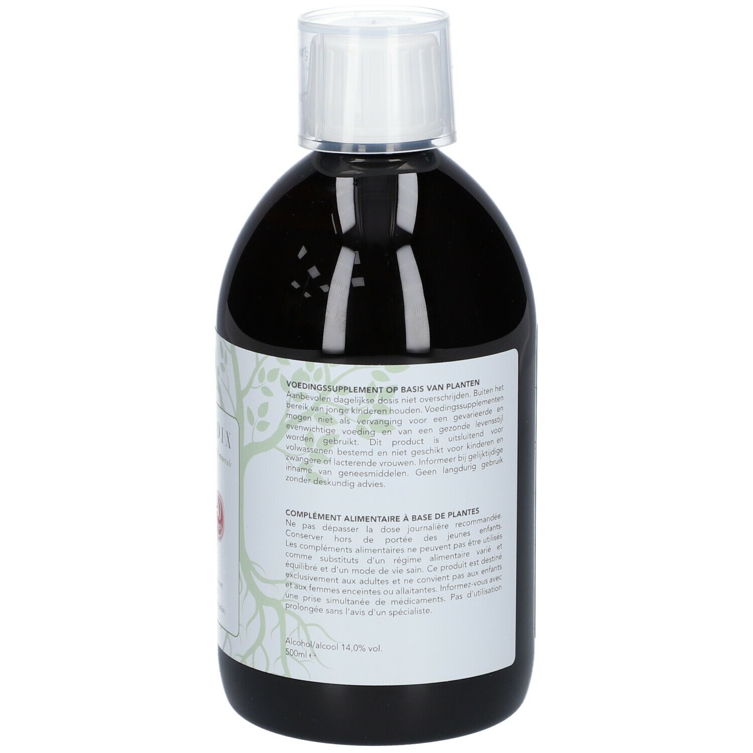 Dos d'une bouteille de liquide brun. Étiquette avec informations sur les ingrédients et l'utilisation.