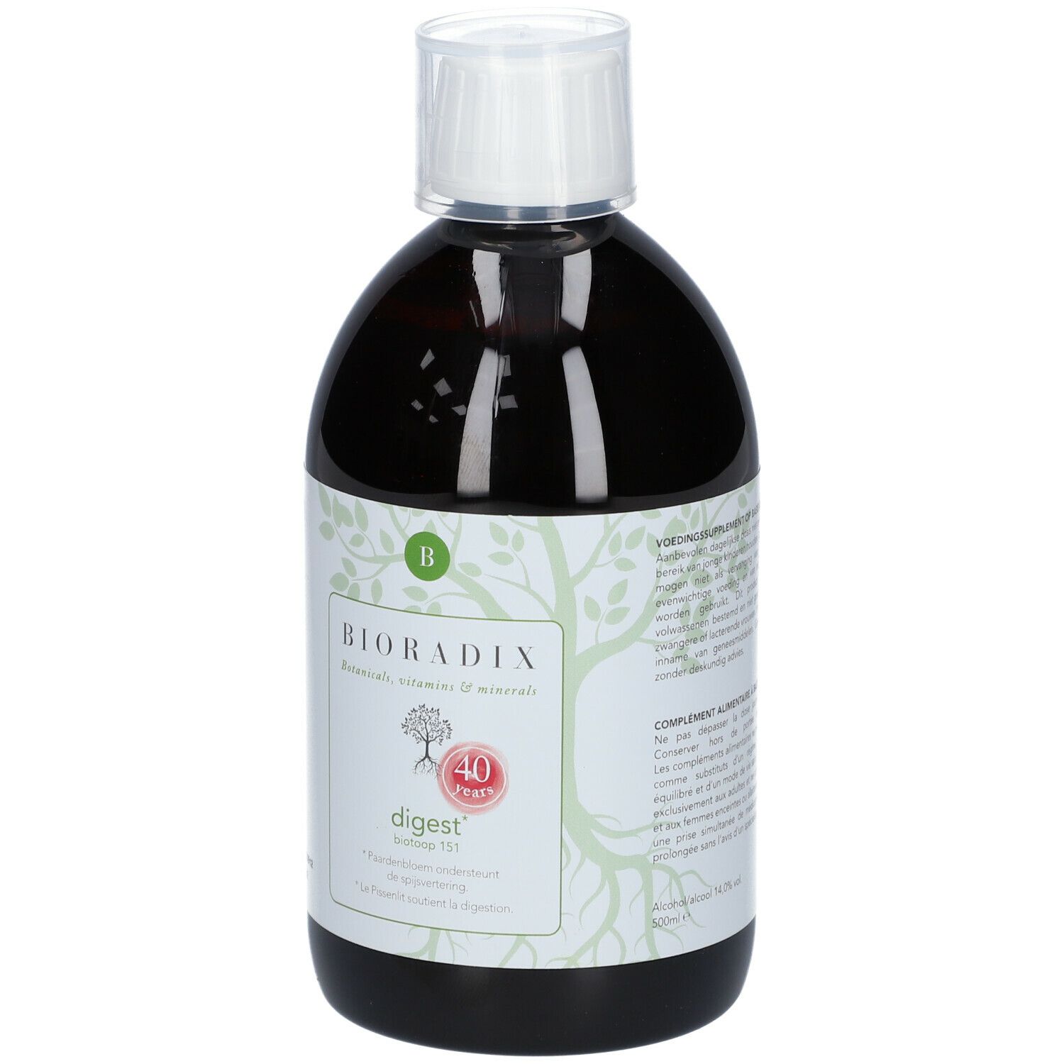 Bouteille de liquide brun, bouchon blanc et étiquette avec nom du produit et logo.