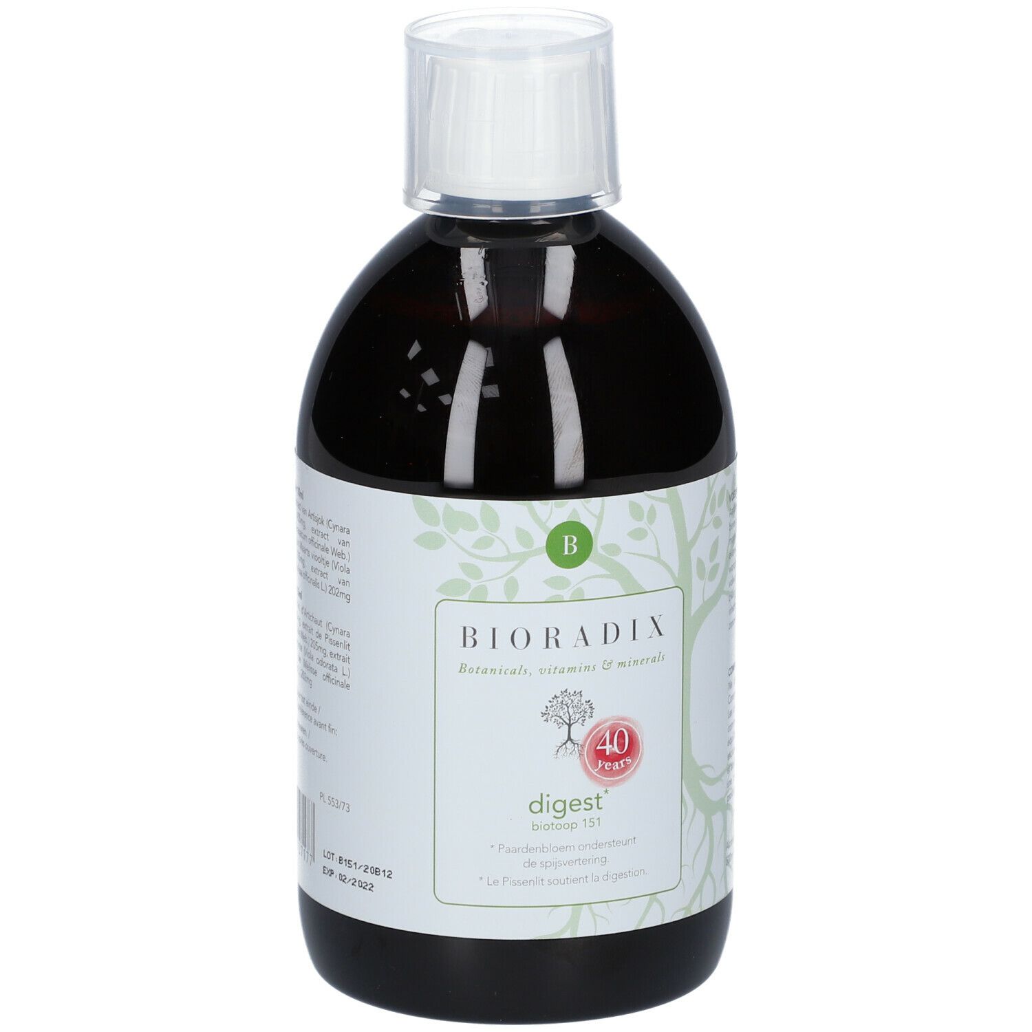 Bouteille de liquide brun, bouchon blanc et étiquette avec nom du produit et logo.
