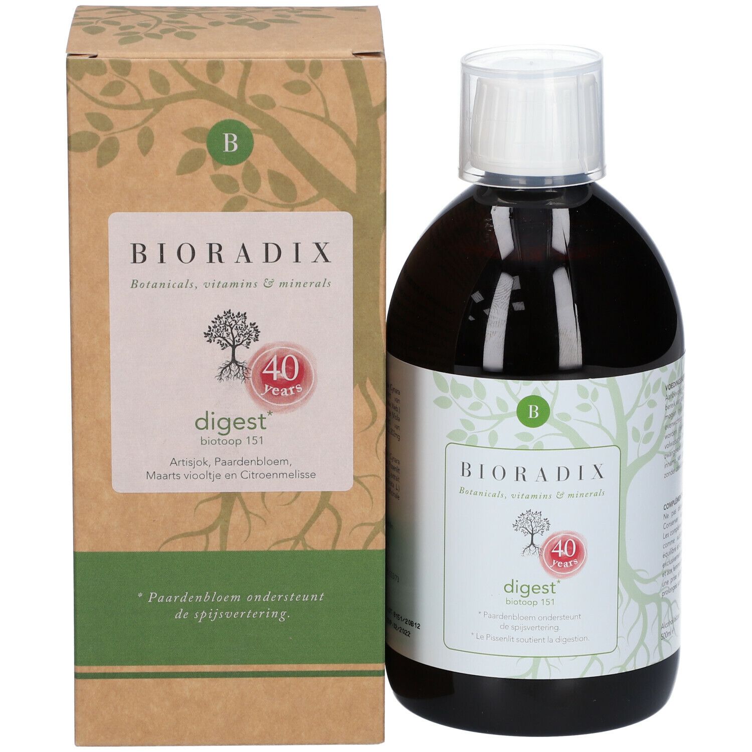 Bouteille de produit à côté d'une boîte en carton marron. Logos et noms de produits visibles sur la boîte et la bouteille.