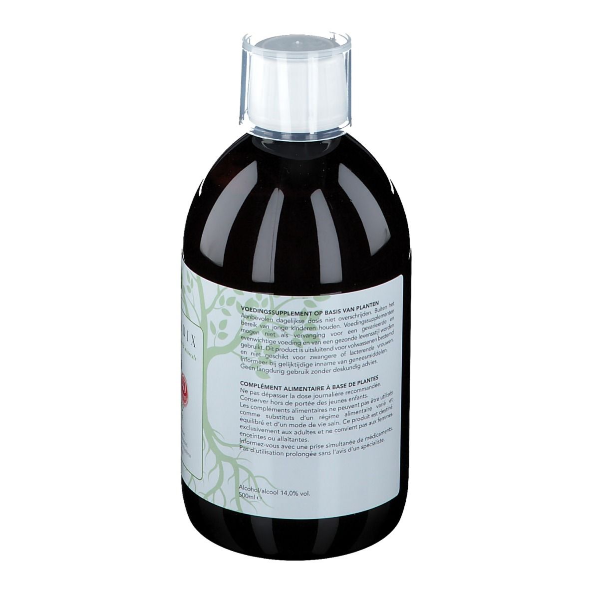 Vue arrière d'une bouteille de liquide brun. Étiquette avec informations sur le produit. Inscription: BIORADIX. Contient des extraits de plantes.