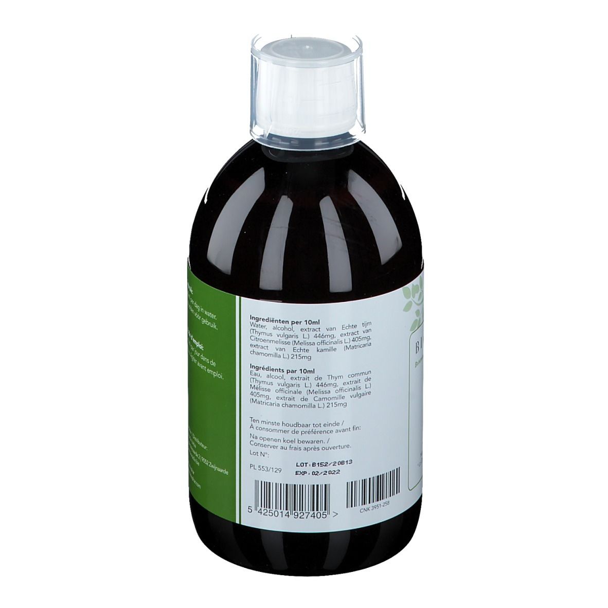 Vue arrière d'une bouteille de liquide brun. Étiquette avec ingrédients. Inscription: BIORADIX. Contient thym, mélisse et camomille.