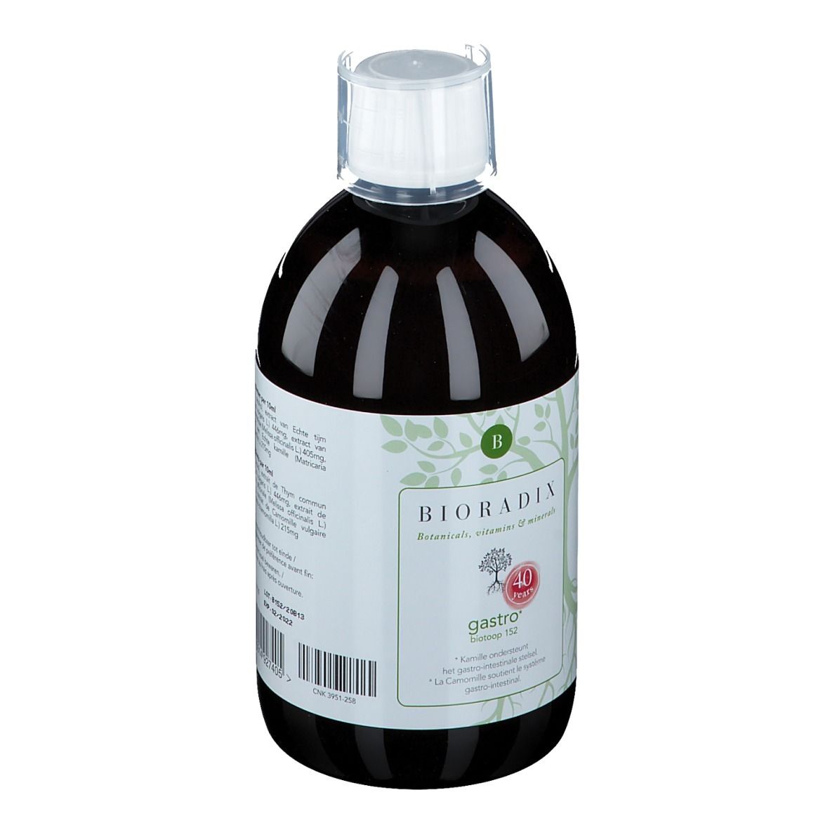 Liquide brun en bouteille avec bouchon blanc. Étiquette avec nom du produit et logo. Inscription: BIORADIX gastro.
