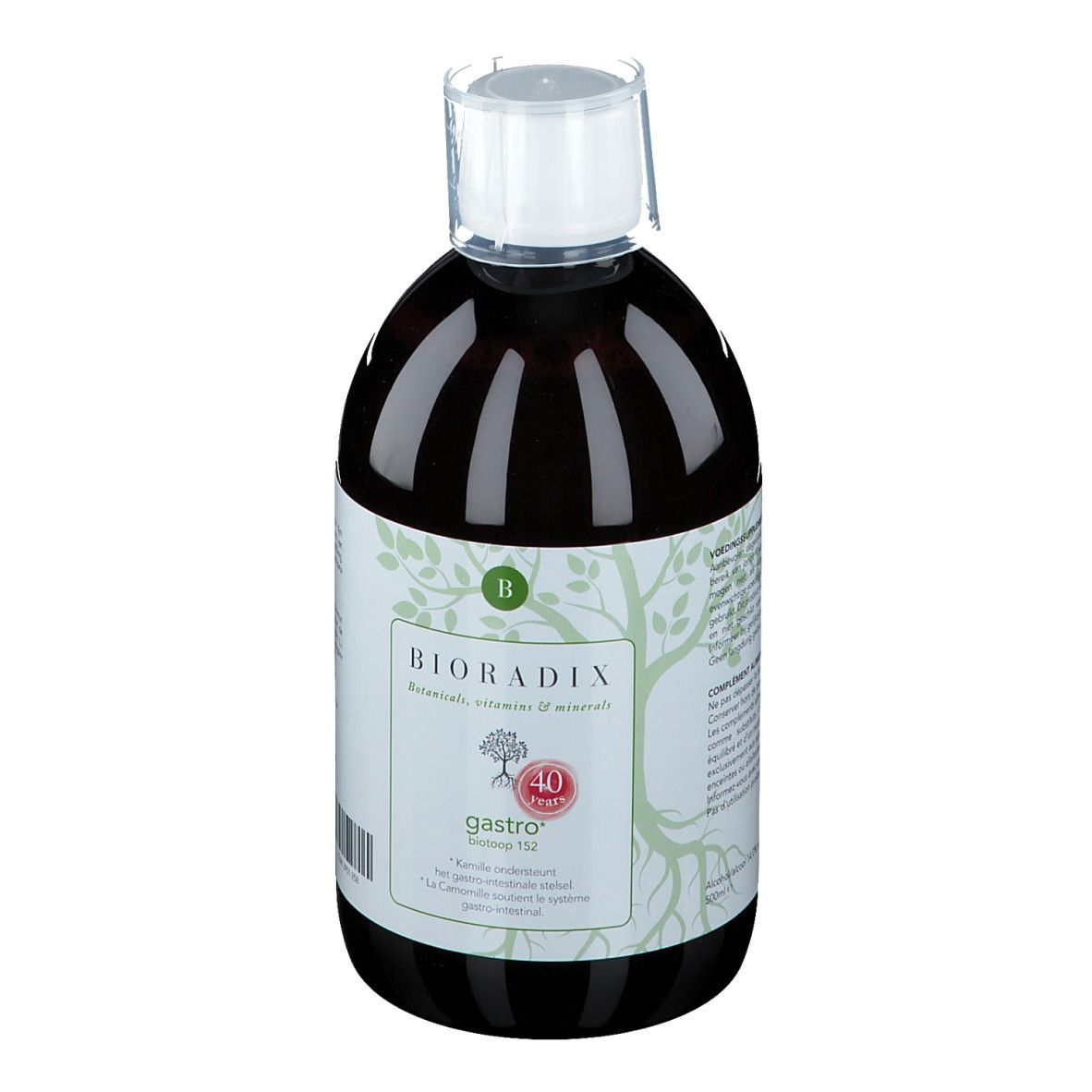 Liquide brun en bouteille avec bouchon blanc. Étiquette avec nom du produit et logo. Inscription: BIORADIX gastro.