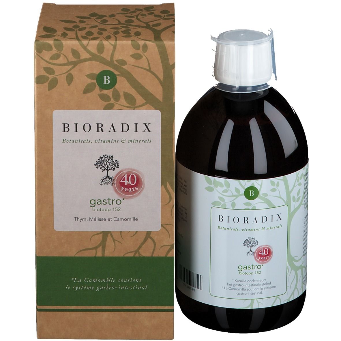 Bouteille de liquide brun et emballage en carton. Inscription: BIORADIX gastro. Contient thym, mélisse et camomille.