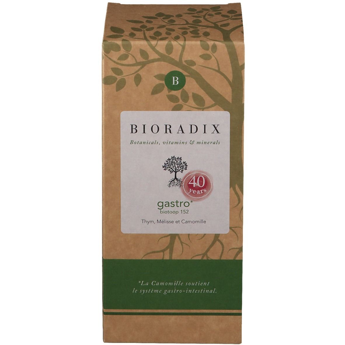 Emballage en carton avec informations sur le produit. Inscription: BIORADIX gastro. Contient thym, mélisse et camomille.