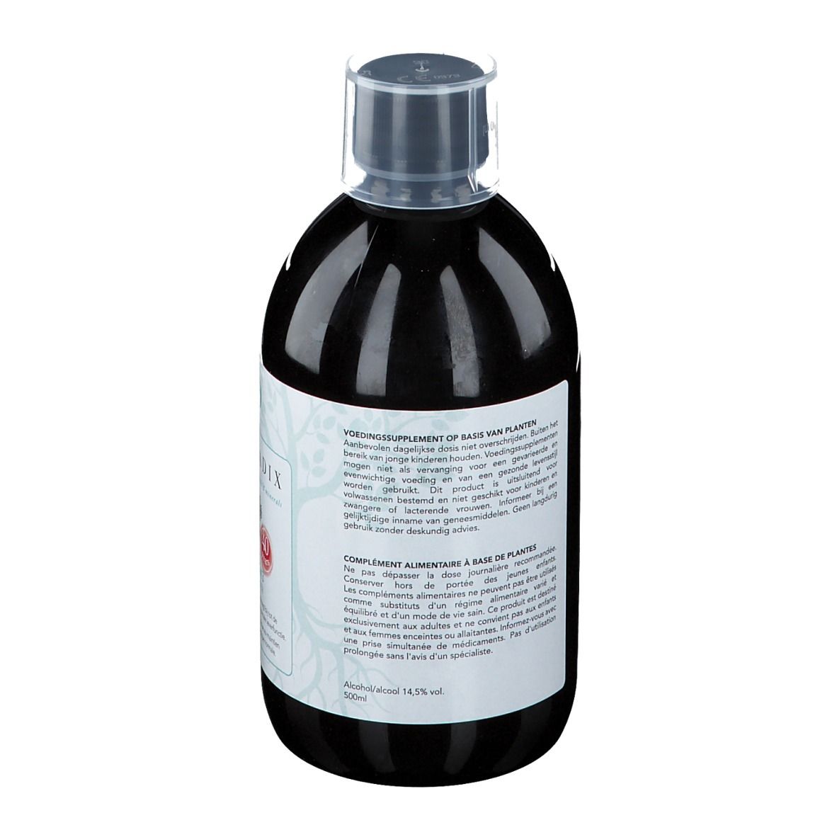 Achterkant van een fles met bruine vloeistof. Wit etiket met tekst. Opschrift: Voedingssupplement op basis van planten.