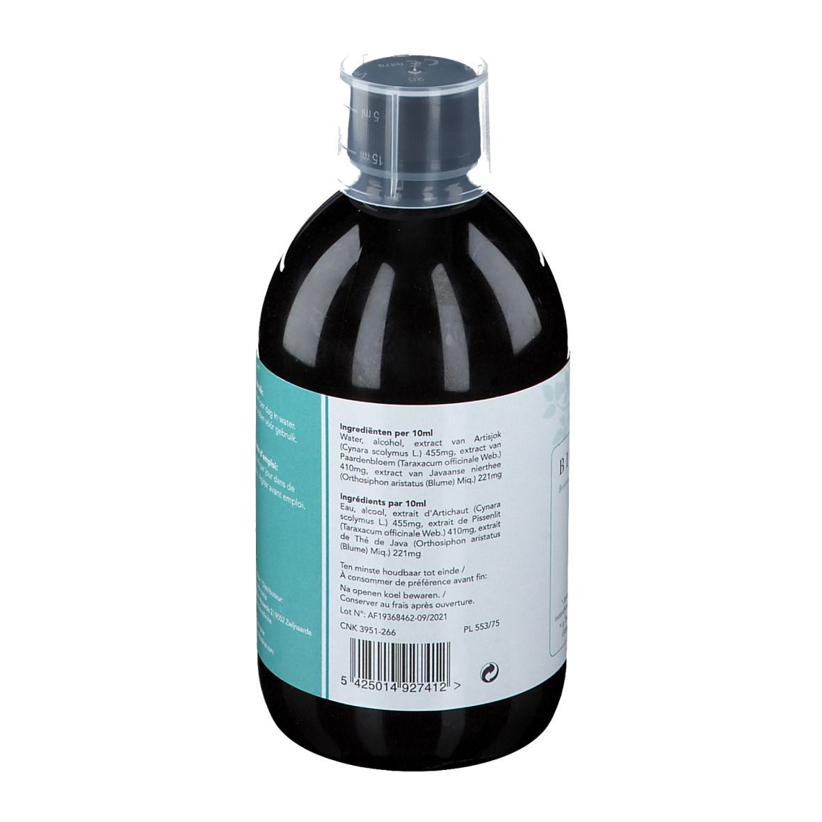 Achterkant van een fles met bruine vloeistof. Wit etiket met tekst. Opschrift: Ingrediënten per 10 ml. Met transparante sluiting.