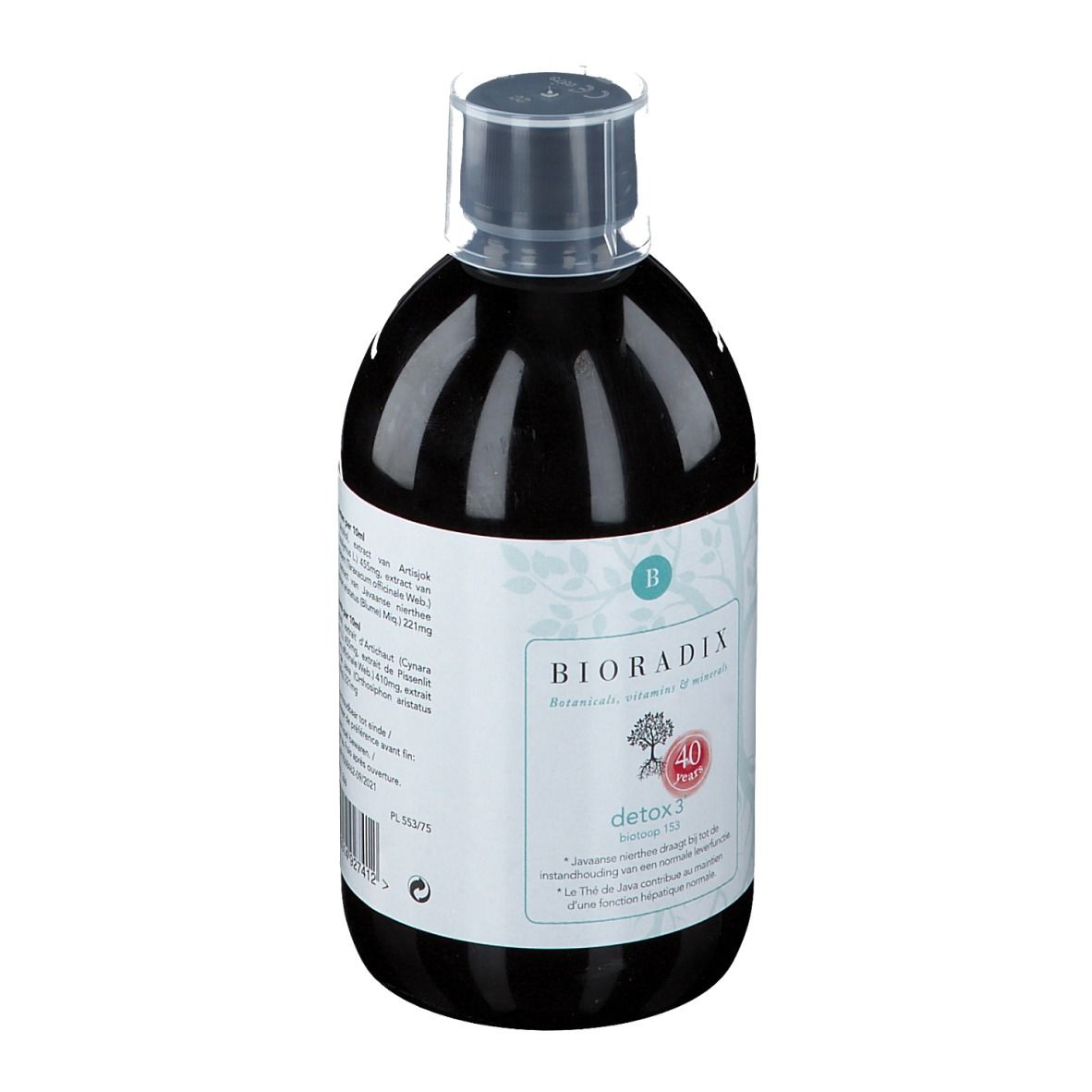 Fles met bruine vloeistof en wit etiket. Opschrift: Bioradix Detox 3. Met transparante sluiting. 40 jaar logo.