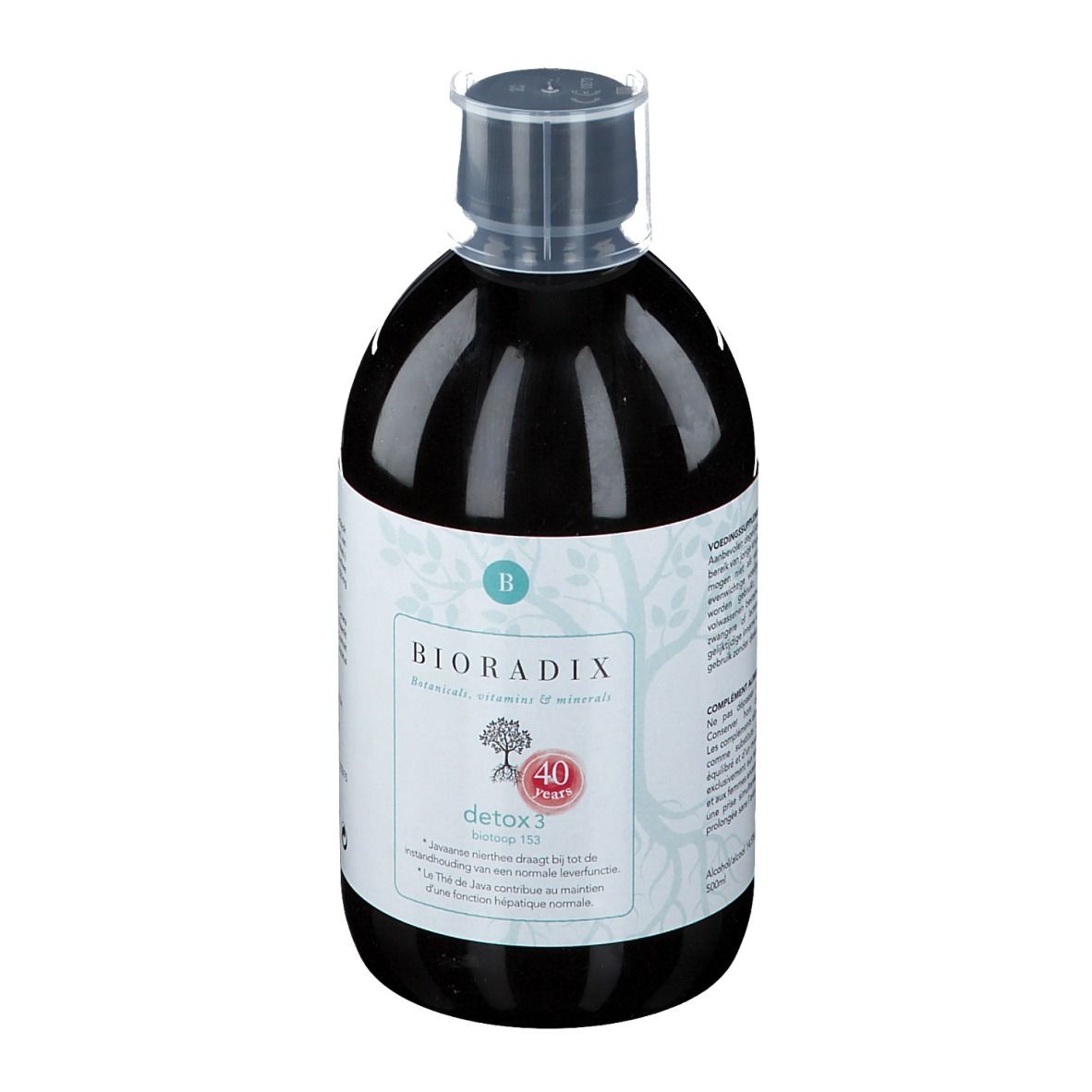 Fles met bruine vloeistof en wit etiket. Opschrift: Bioradix Detox 3. Met transparante sluiting. 40 jaar logo.