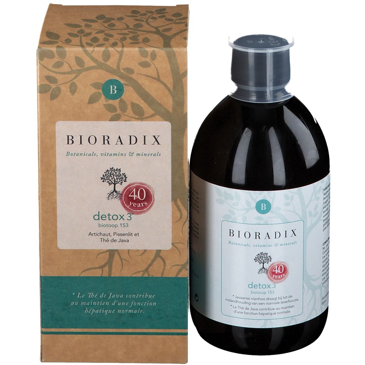 Fles met bruine vloeistof en verpakking. Opschrift: Bioradix Detox 3. Met transparante sluiting. 40 jaar logo.