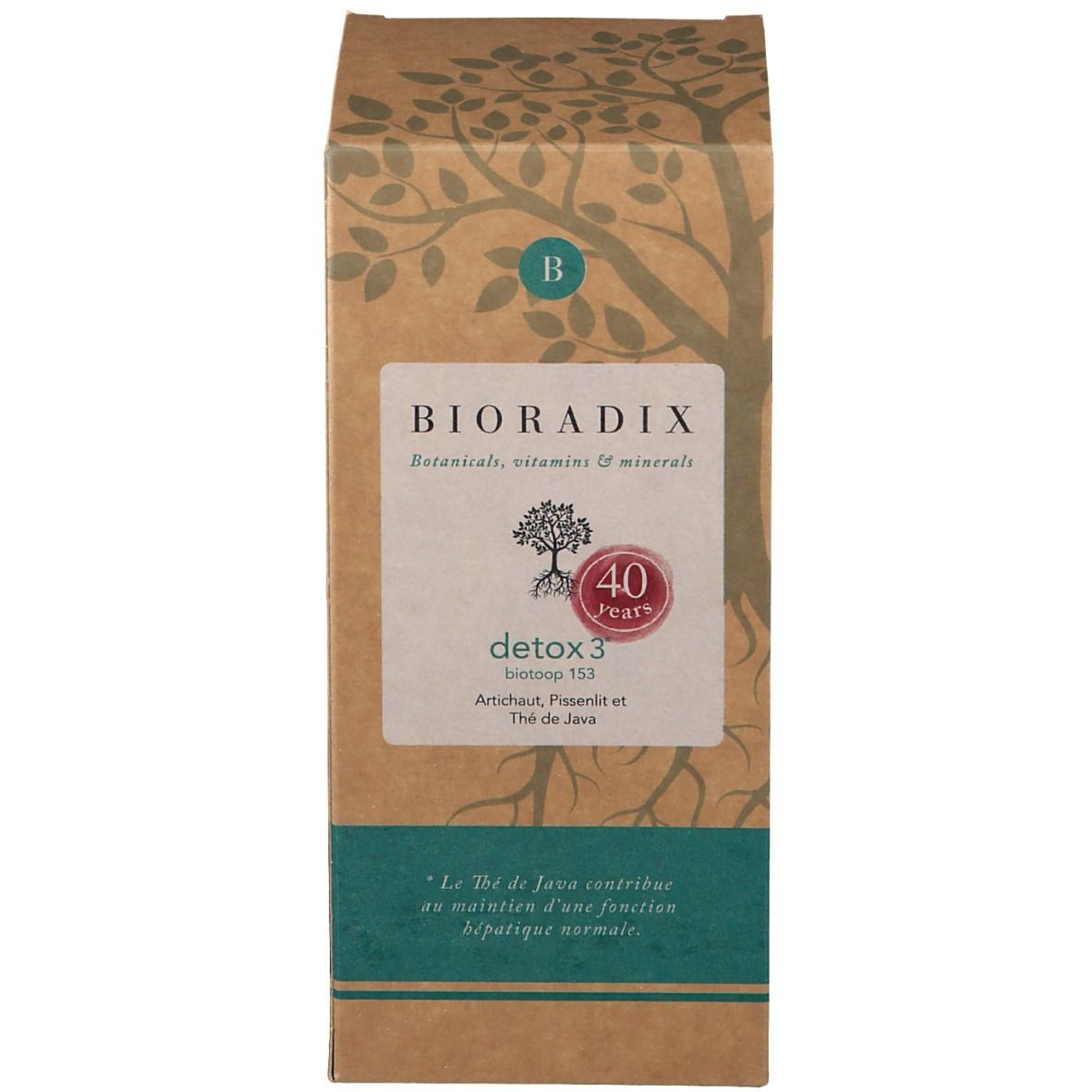 Verpakking met opschrift: Bioradix Detox 3. 40 jaar logo. Bruine kleur met groene accenten. Tekst.